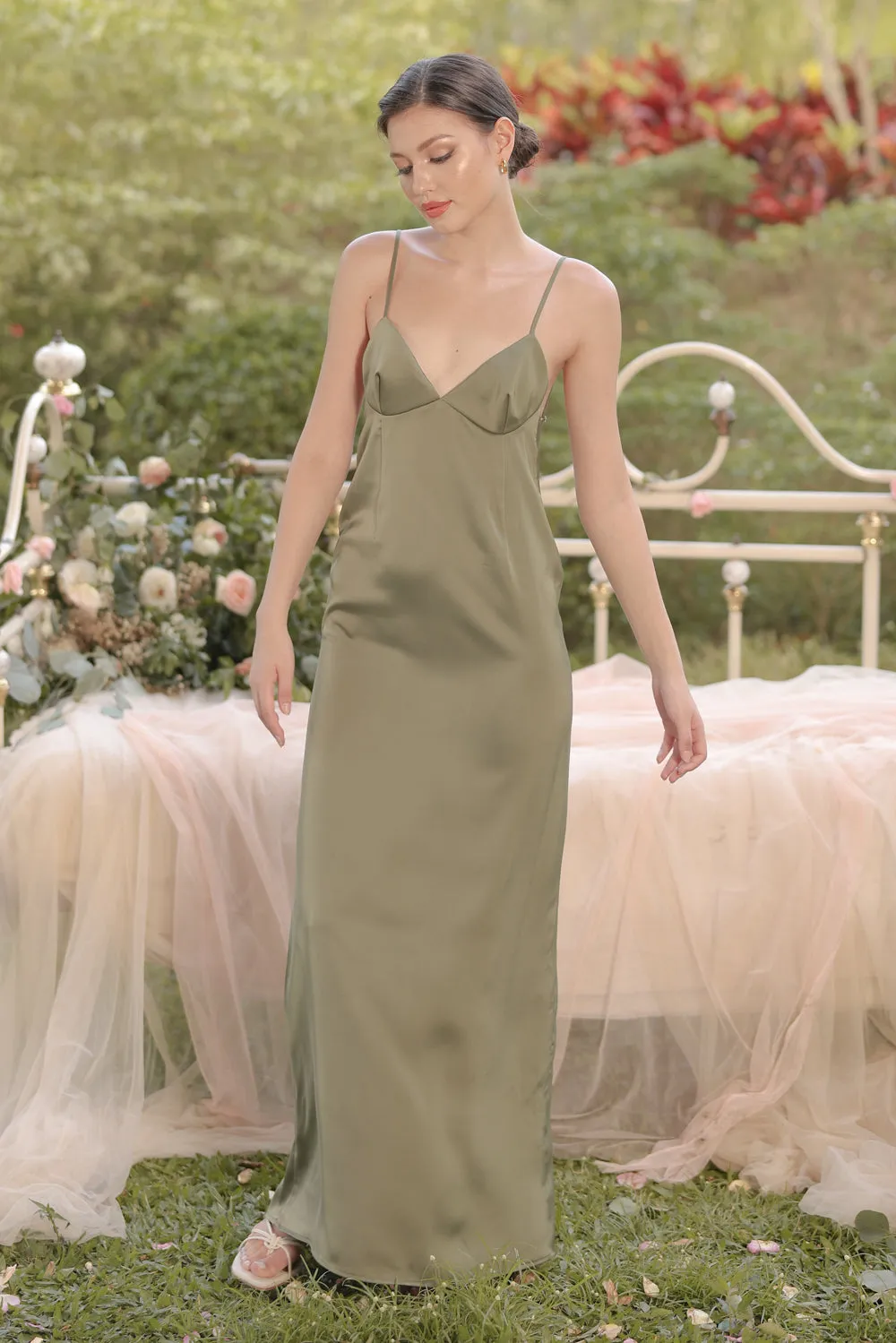 ANITA Strappy Backless Midi Dress  (Olive Silk Crepe)