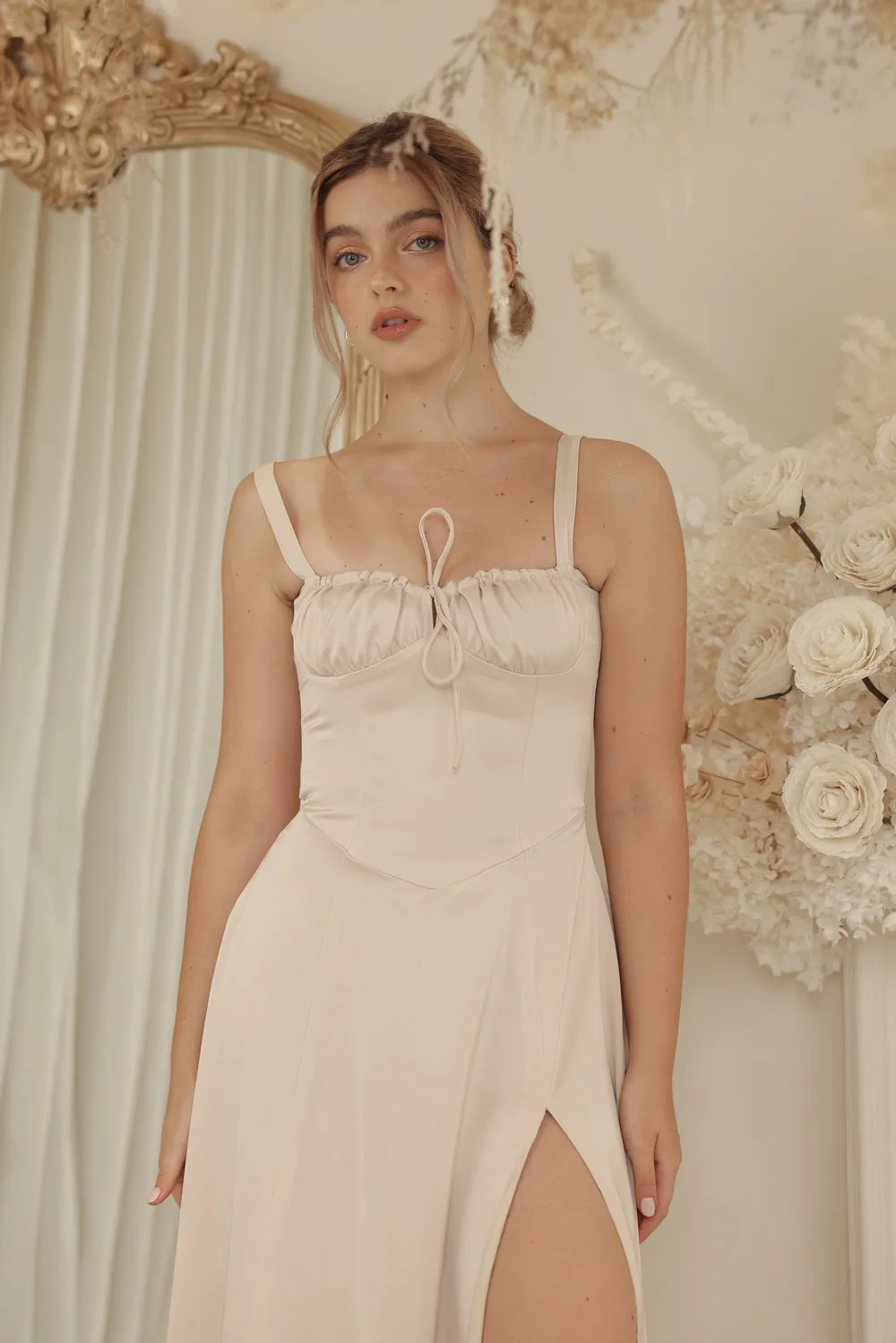ANNABELLE Strappy Corset Style Full Length Silk Dress with Slit and Lace Up Back Detail (Nude Silk Crepe)