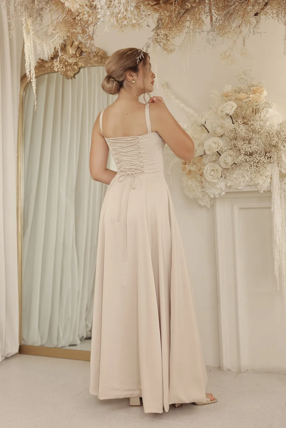 ANNABELLE Strappy Corset Style Full Length Silk Dress with Slit and Lace Up Back Detail (Nude Silk Crepe)