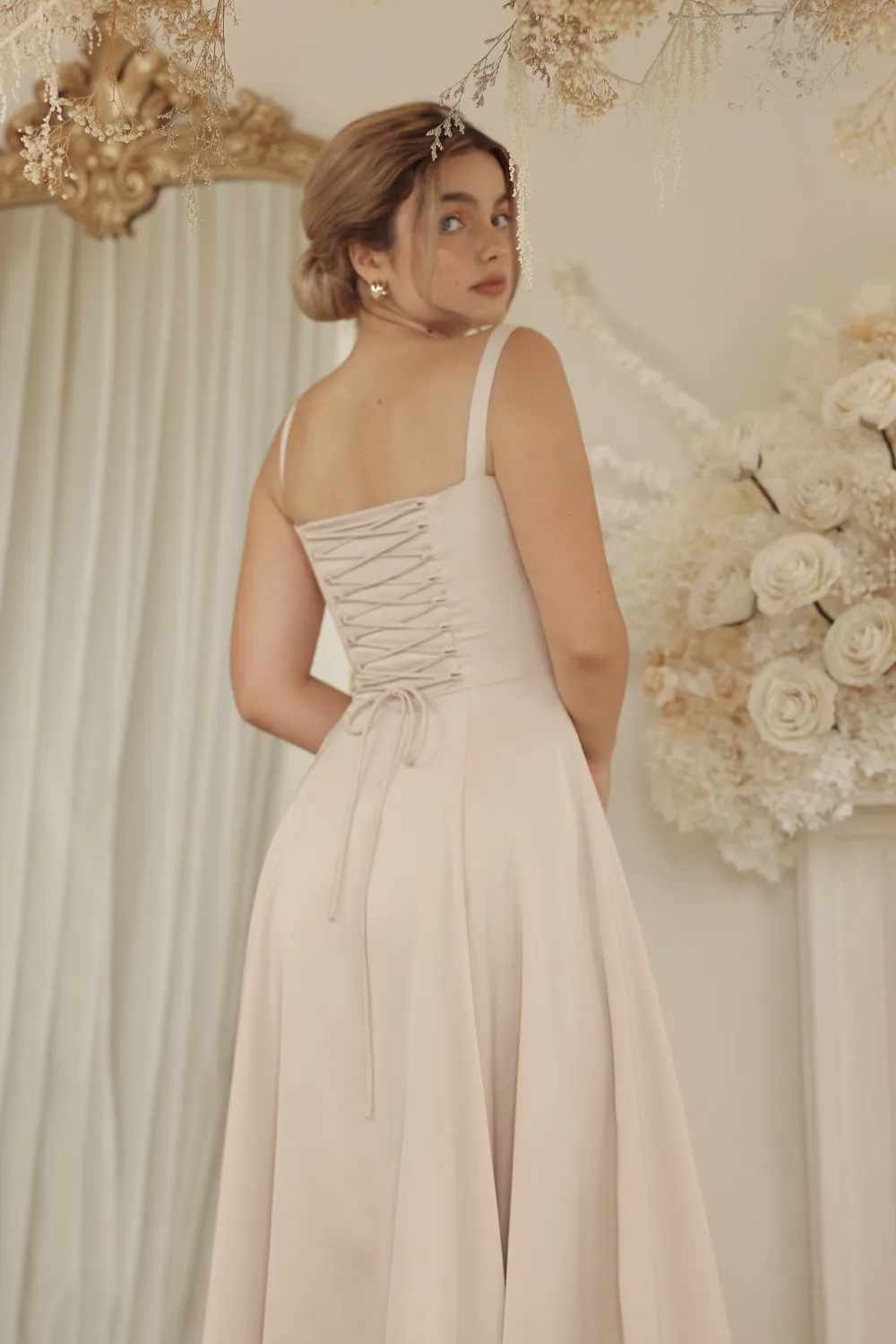 ANNABELLE Strappy Corset Style Full Length Silk Dress with Slit and Lace Up Back Detail (Nude Silk Crepe)