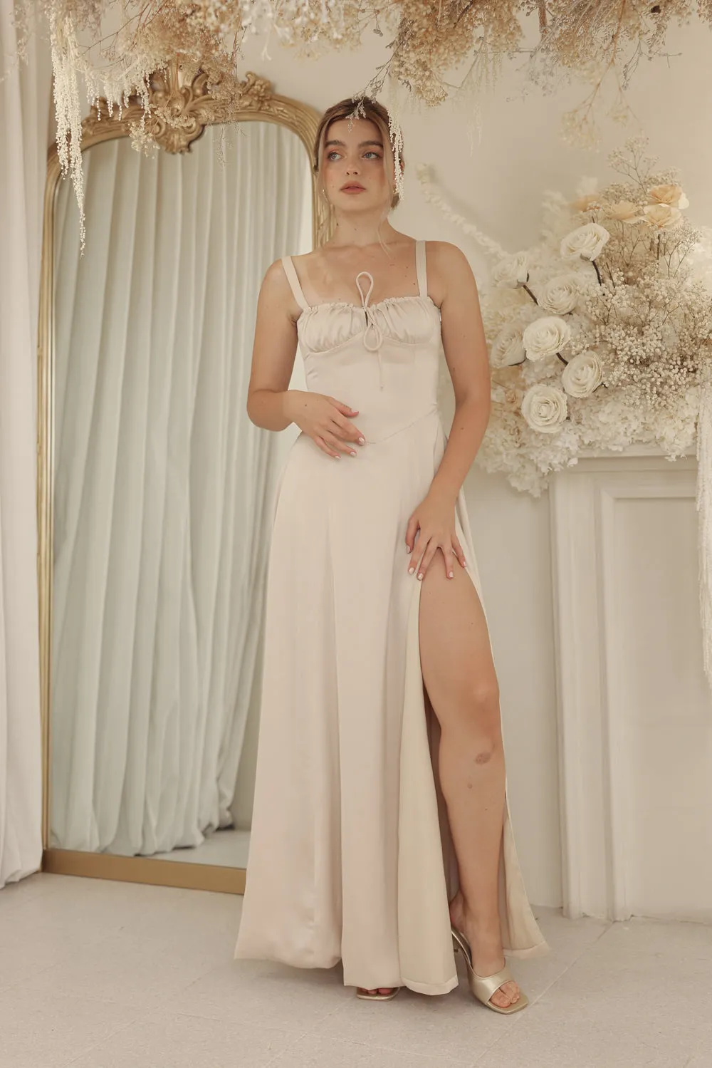 ANNABELLE Strappy Corset Style Full Length Silk Dress with Slit and Lace Up Back Detail (Nude Silk Crepe)
