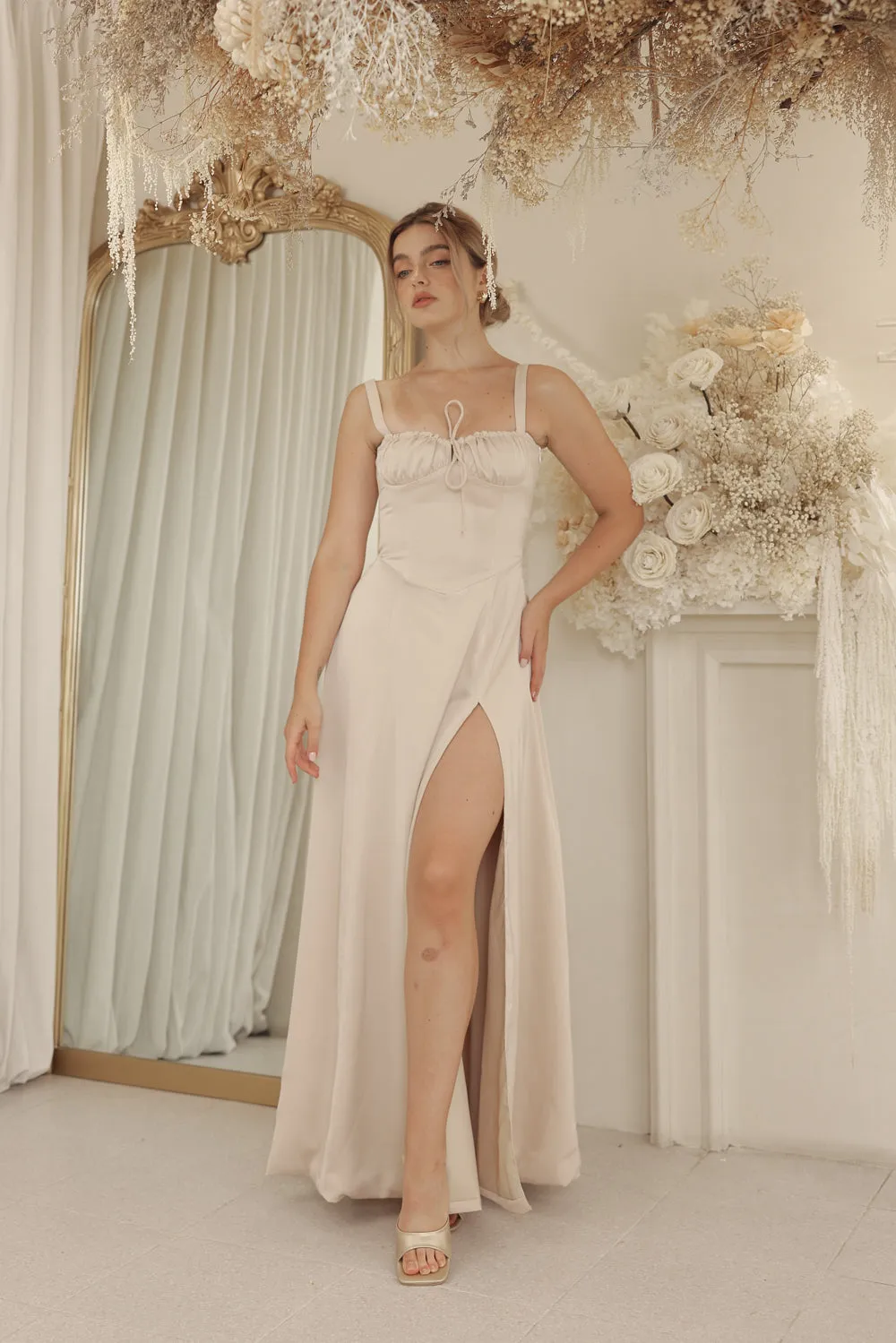 ANNABELLE Strappy Corset Style Full Length Silk Dress with Slit and Lace Up Back Detail (Nude Silk Crepe)