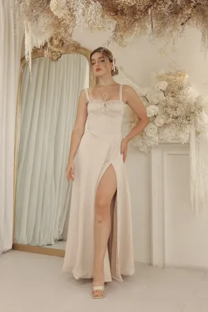 ANNABELLE Strappy Corset Style Full Length Silk Dress with Slit and Lace Up Back Detail (Nude Silk Crepe)