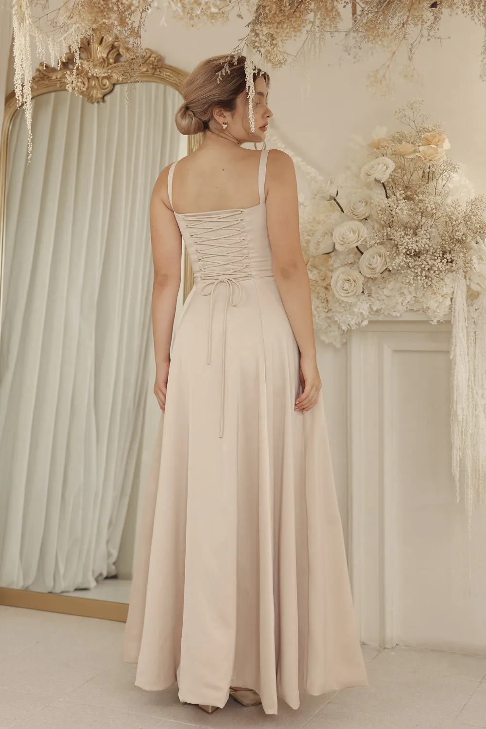 ANNABELLE Strappy Corset Style Full Length Silk Dress with Slit and Lace Up Back Detail (Nude Silk Crepe)
