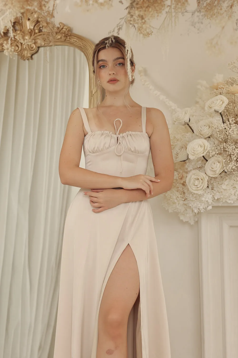 ANNABELLE Strappy Corset Style Full Length Silk Dress with Slit and Lace Up Back Detail (Nude Silk Crepe)