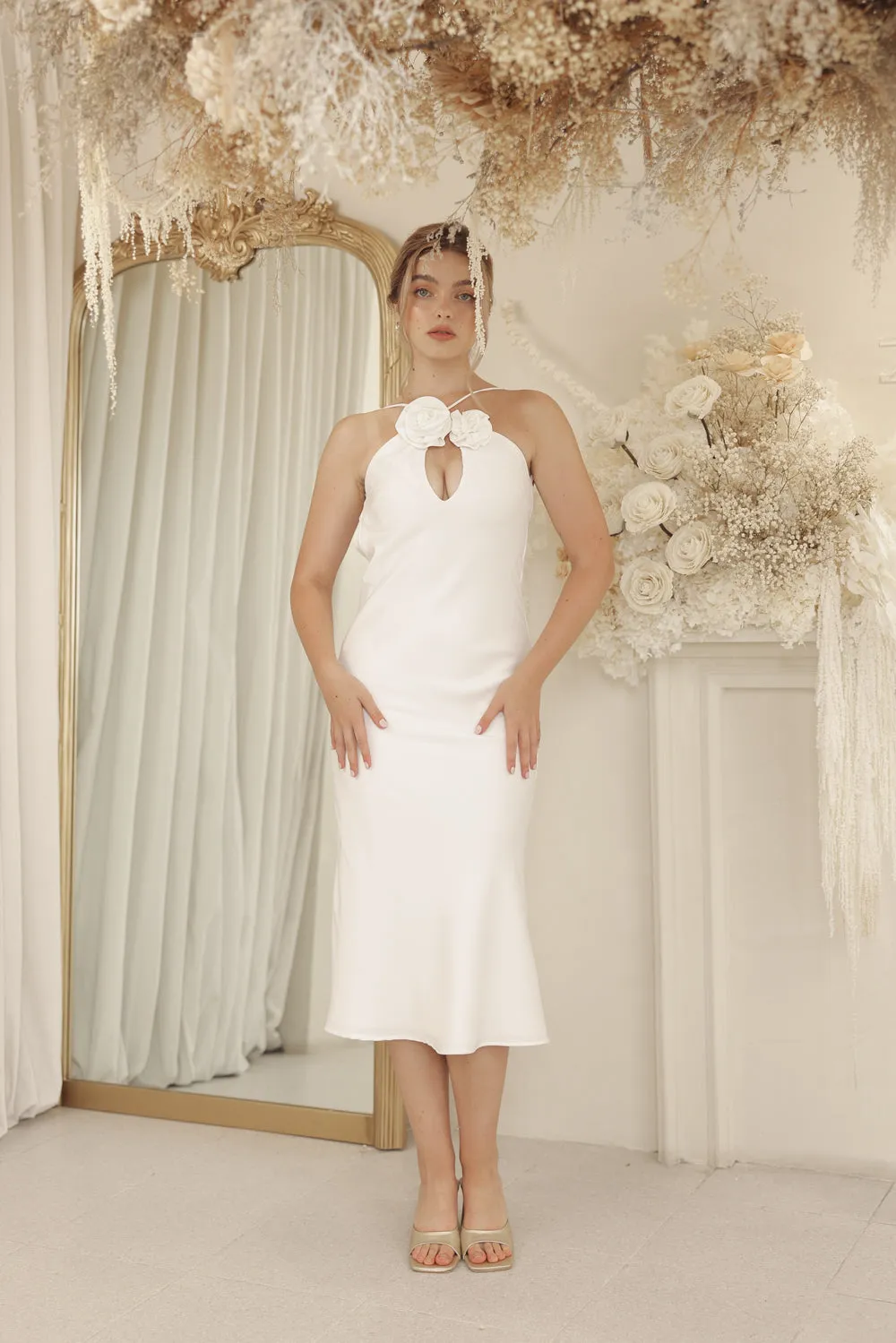 ANNETTE Mid Length Silk Dress with Two Floral Detail on Neckline and Open Back (White Silk Crepe)