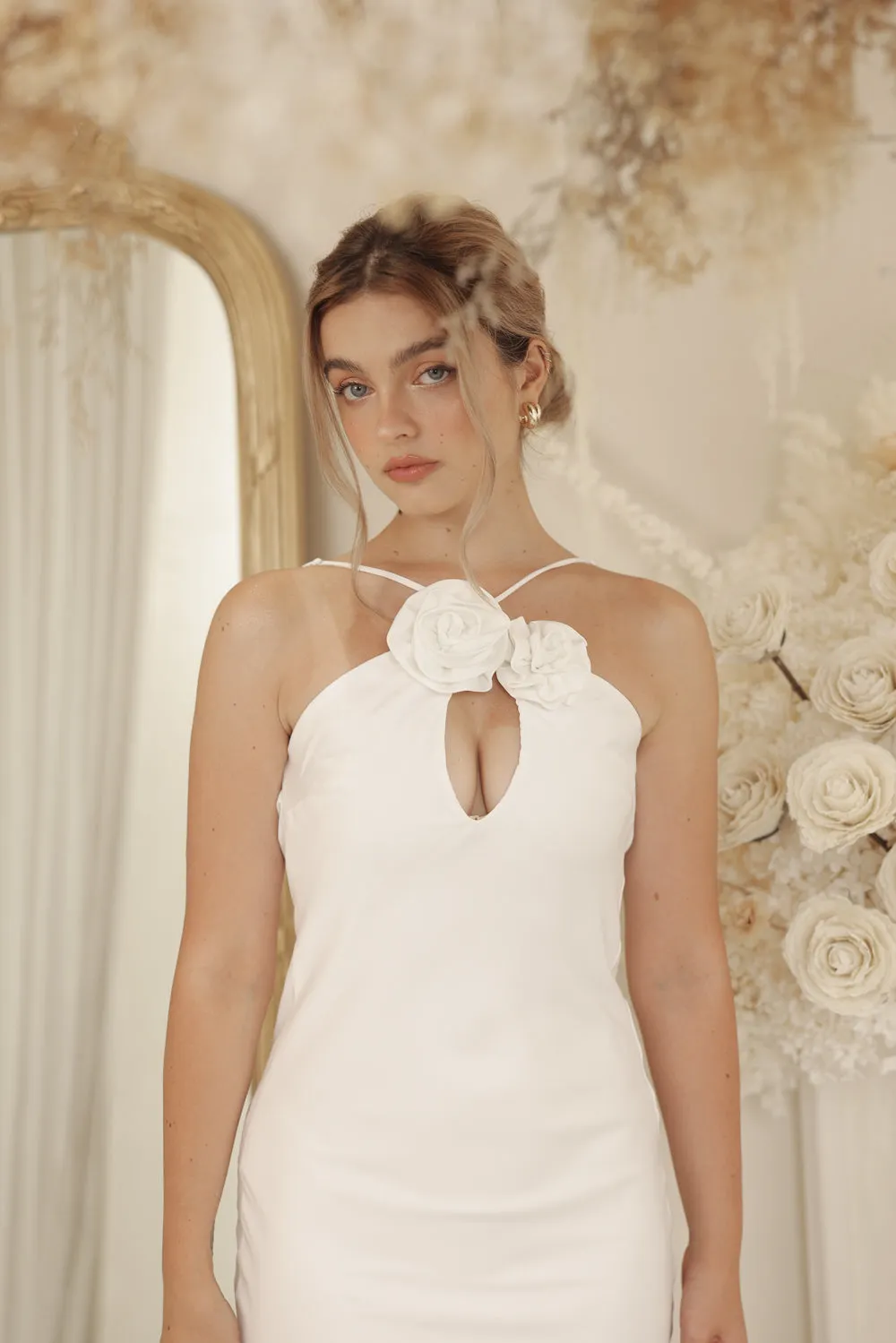ANNETTE Mid Length Silk Dress with Two Floral Detail on Neckline and Open Back (White Silk Crepe)