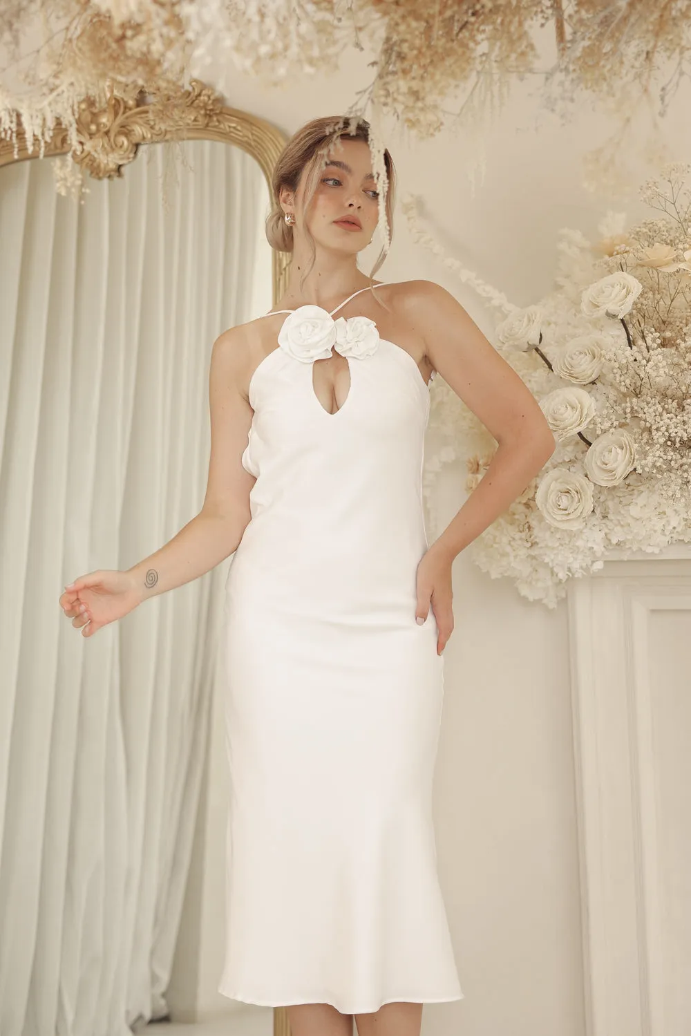 ANNETTE Mid Length Silk Dress with Two Floral Detail on Neckline and Open Back (White Silk Crepe)