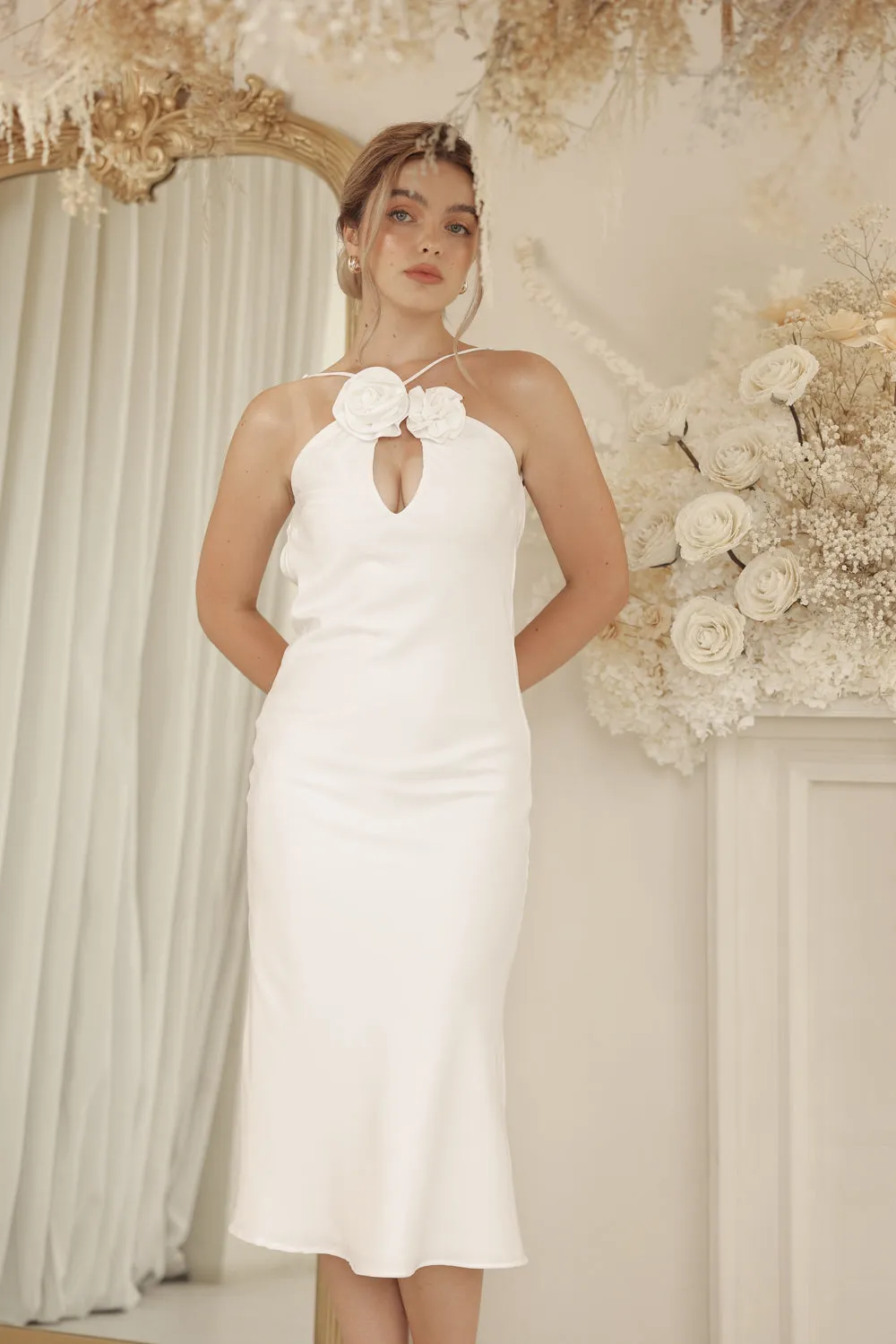 ANNETTE Mid Length Silk Dress with Two Floral Detail on Neckline and Open Back (White Silk Crepe)