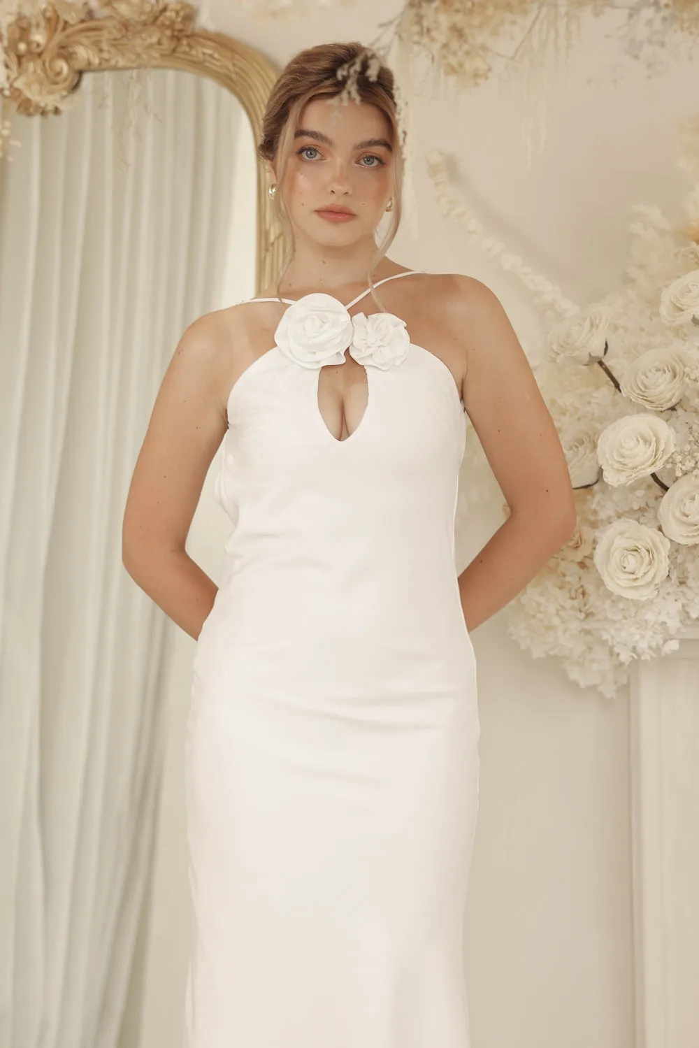 ANNETTE Mid Length Silk Dress with Two Floral Detail on Neckline and Open Back (White Silk Crepe)
