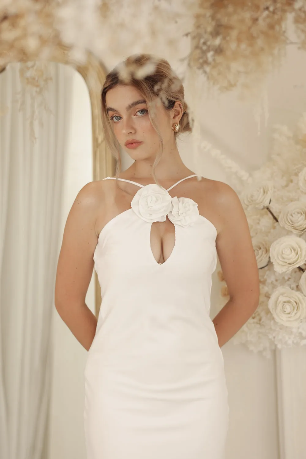 ANNETTE Mid Length Silk Dress with Two Floral Detail on Neckline and Open Back (White Silk Crepe)