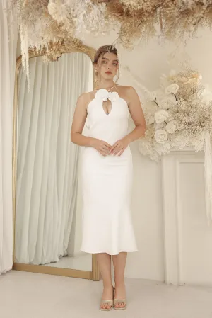 ANNETTE Mid Length Silk Dress with Two Floral Detail on Neckline and Open Back (White Silk Crepe)