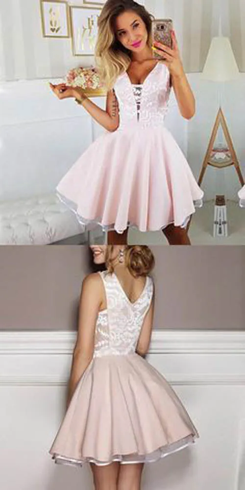 Appliqued Pink Lace Mini V-Neck Short Hoco Homecoming Dresses,MH436