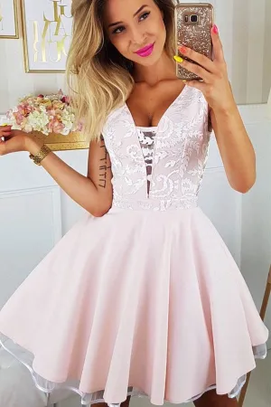 Appliqued Pink Lace Mini V-Neck Short Hoco Homecoming Dresses,MH436