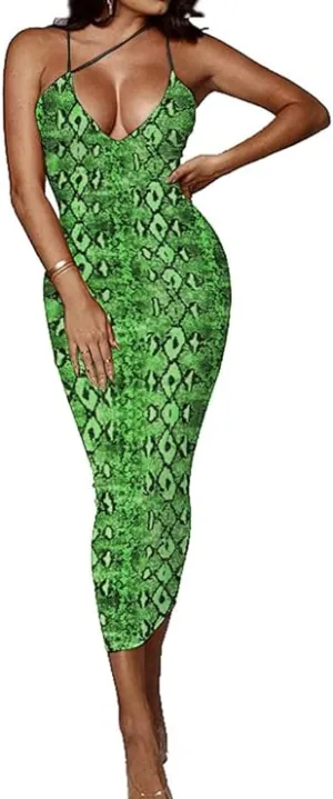 Asymmetrical Spaghetti Strap Dress Deep V-Neck Sleeveless Bodycon Midi Dresses