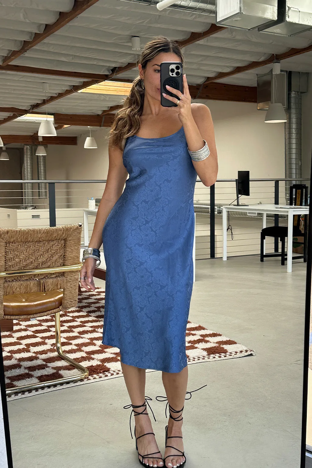 Aubrey Blue Satin Jacquard Midi Dress