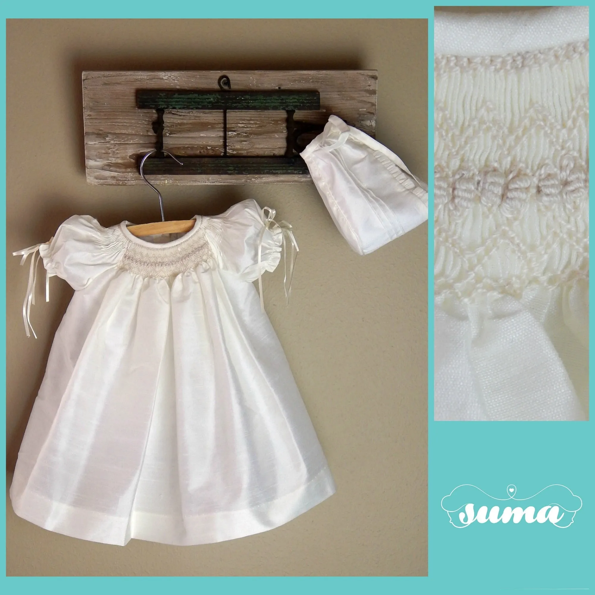 Baby Girl  Christening Dress with Bonnet  Ivory Shantung Fabric, Baptism Dress, SUMA, Free Personalization