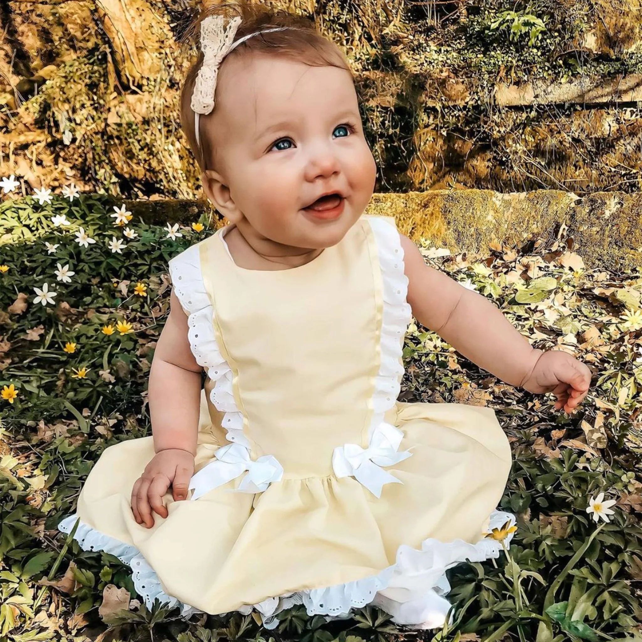 Baby Girls Dress -Lemon with White Bows