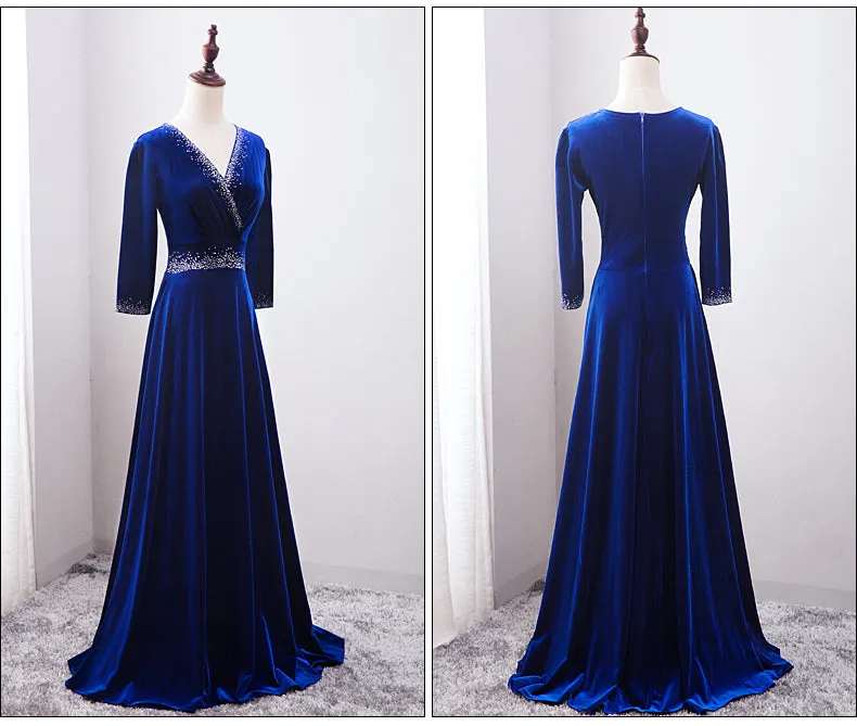 Beautiful Royal Blue Beaded Long Sleeves Wedding Party Dress, Blue Prom Dress