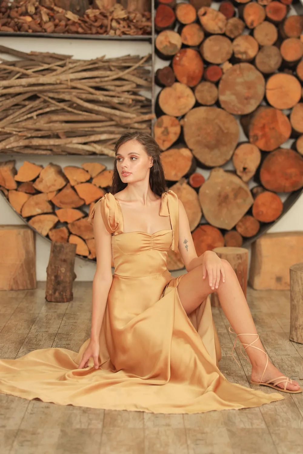 BERNADETTE Tie on Shoulder Maxi Dress with Slit (Bronze SC Silk)
