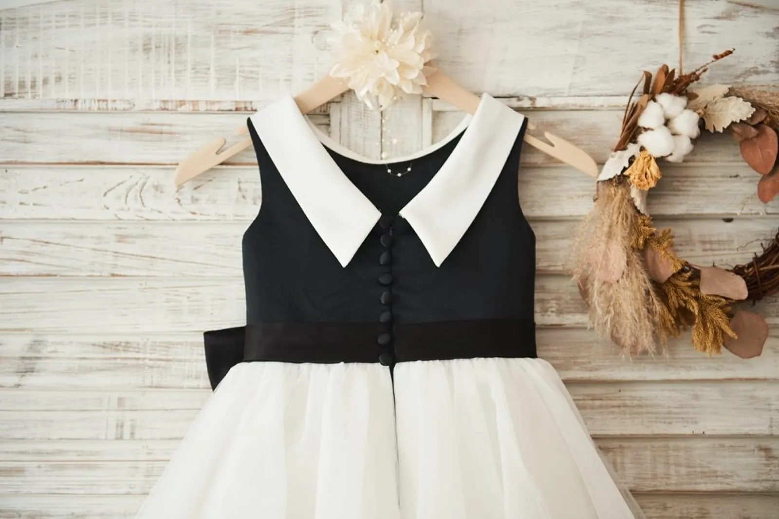 Black Satin Ivory Tulle Wedding Flower Girl Dress, V Back