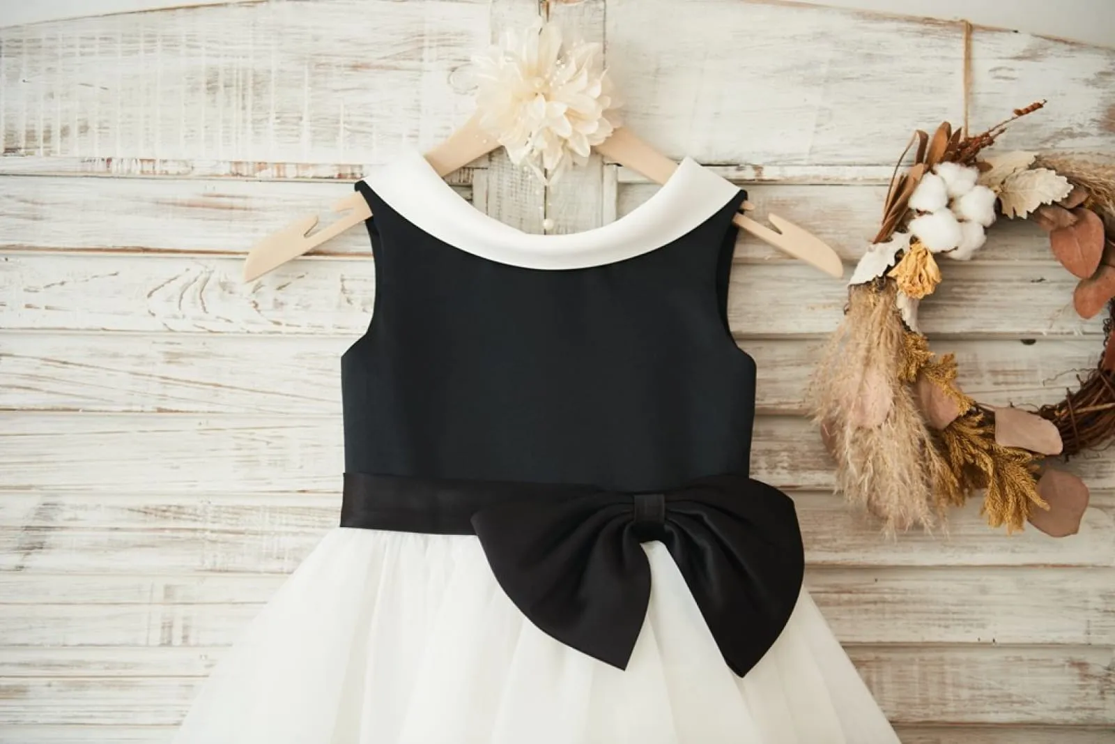 Black Satin Ivory Tulle Wedding Flower Girl Dress, V Back