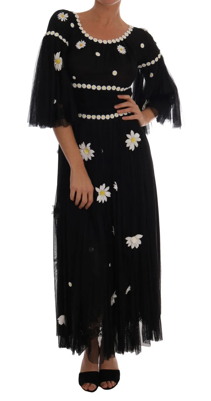 Black Silk Daisy Embroidered Dress