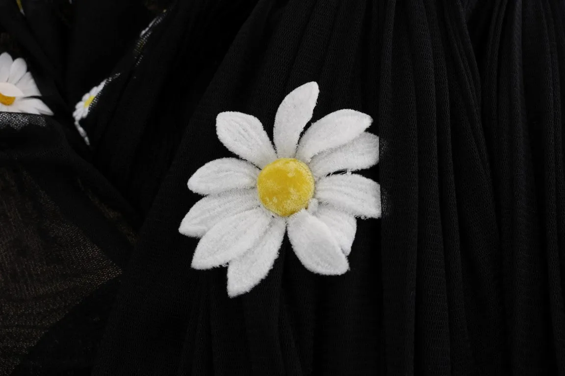 Black Silk Daisy Embroidered Dress