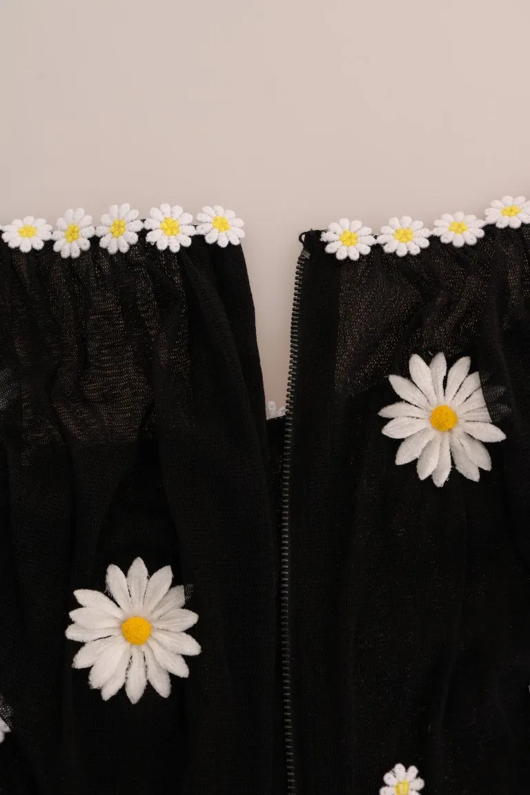 Black Silk Daisy Embroidered Dress