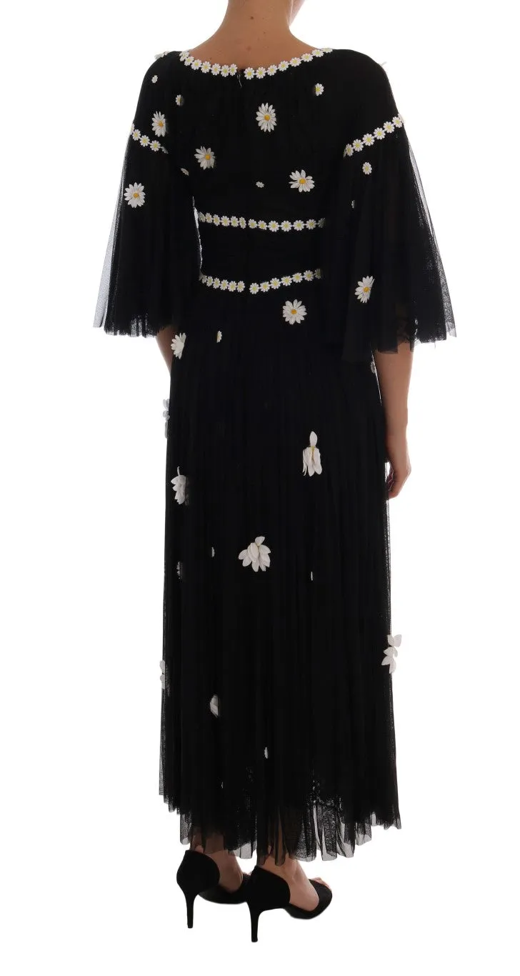 Black Silk Daisy Embroidered Dress