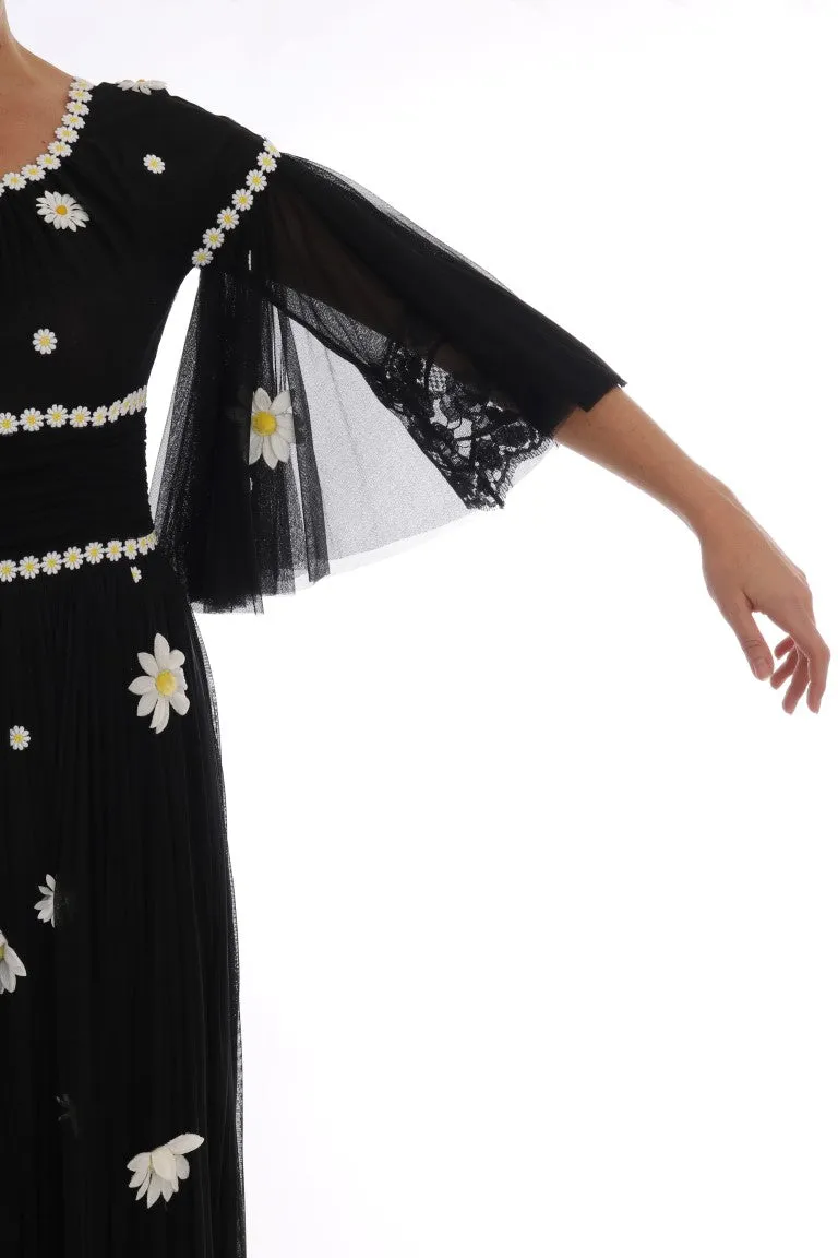 Black Silk Daisy Embroidered Dress
