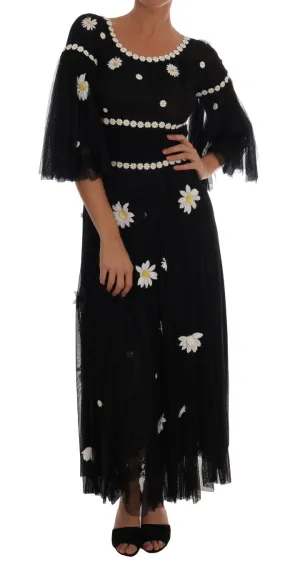 Black Silk Daisy Embroidered Dress