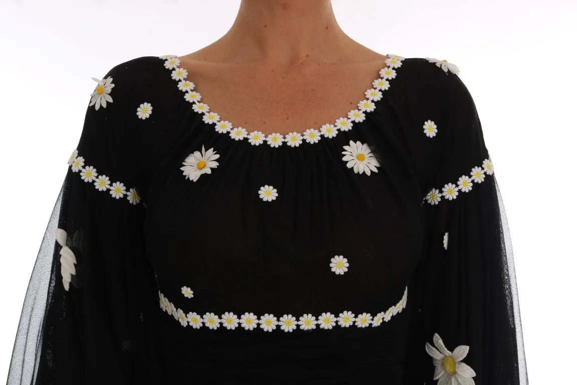 Black Silk Daisy Embroidered Dress