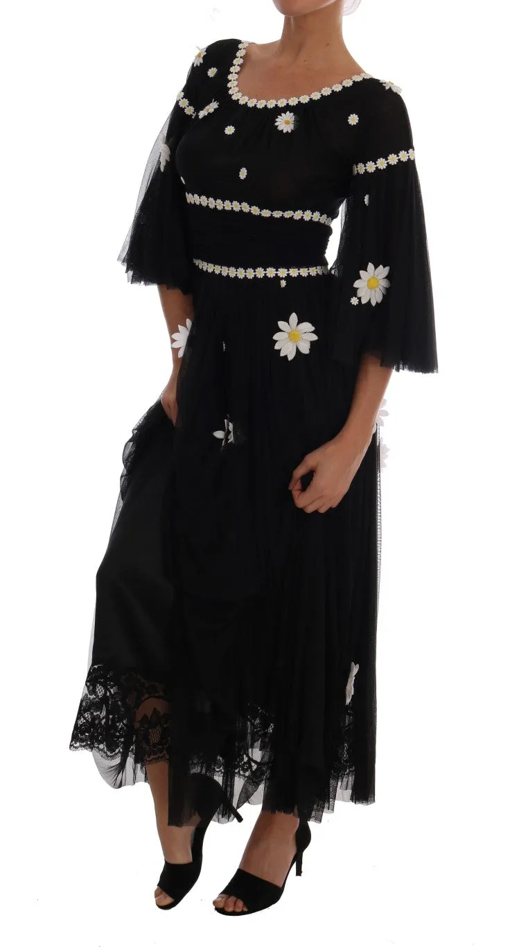 Black Silk Daisy Embroidered Dress