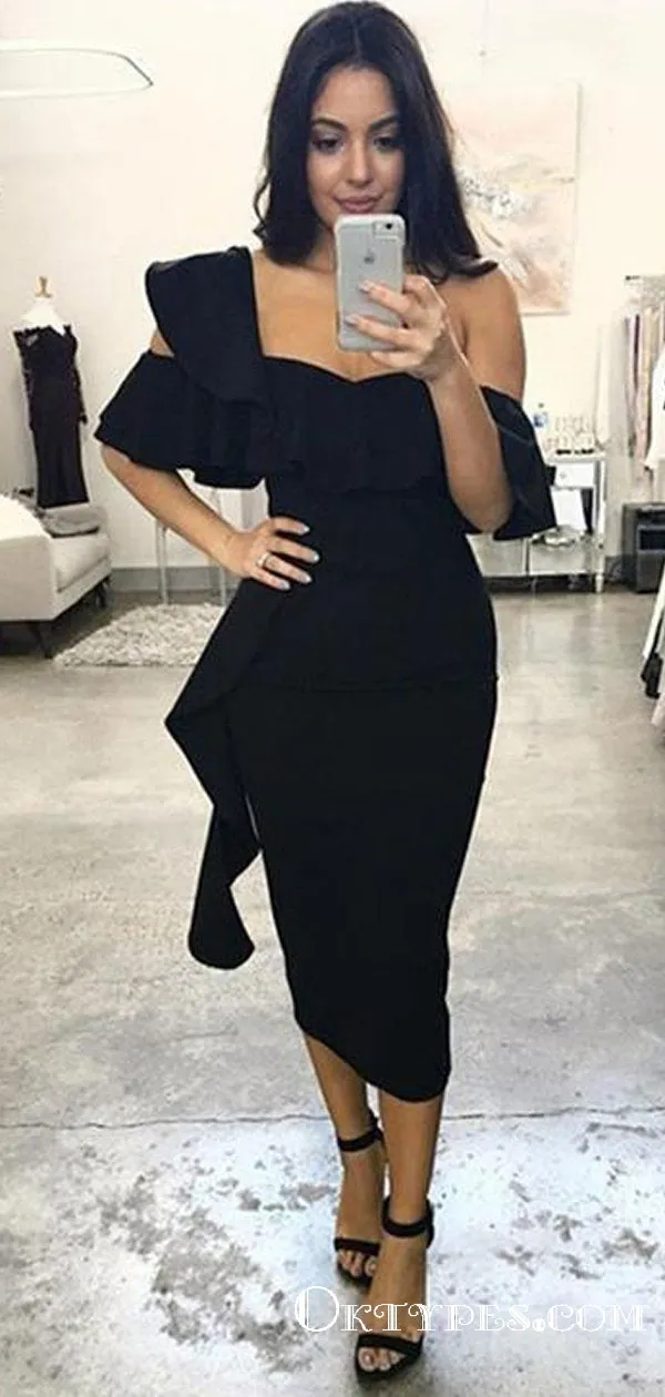 Black Sweetheart Off Shoulder Keen-length Satin Bridesmaid Dresses, TYP1880