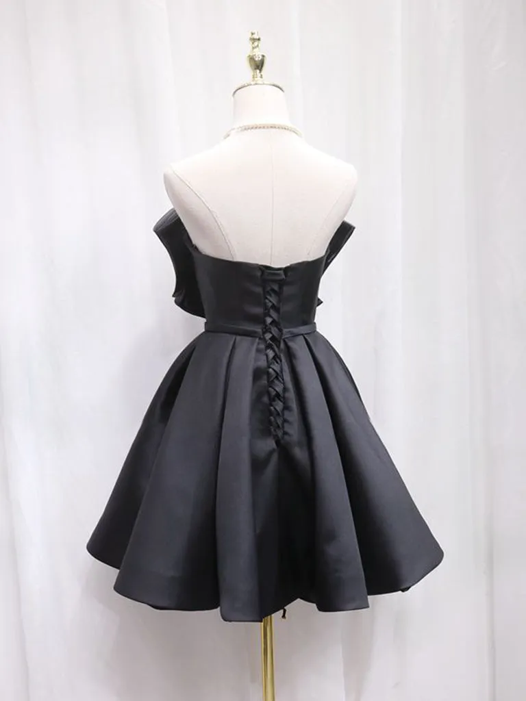 Black Tulle Satin Short Prom Dress, Black Homecoming Dress