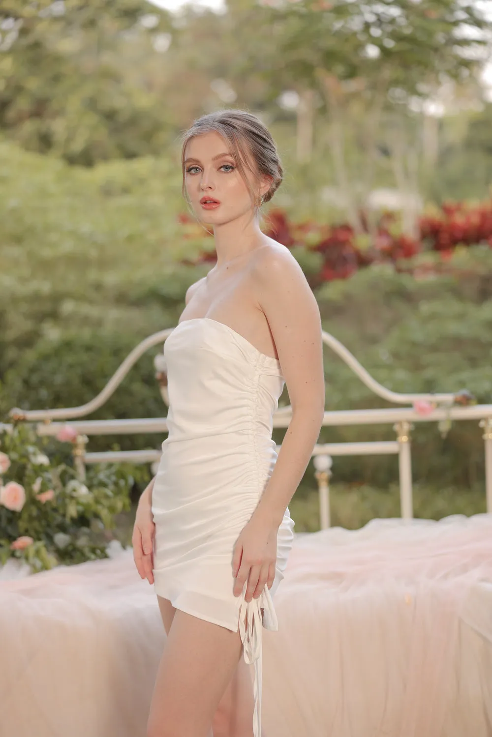 BLANCA Strapless Ruched Side Mini Silk Dress (Ivory White Silk Crepe)