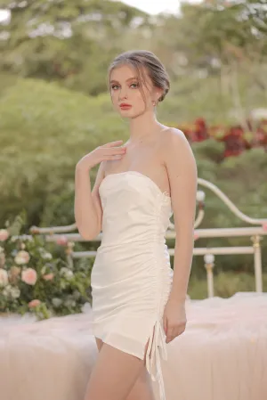 BLANCA Strapless Ruched Side Mini Silk Dress (Ivory White Silk Crepe)