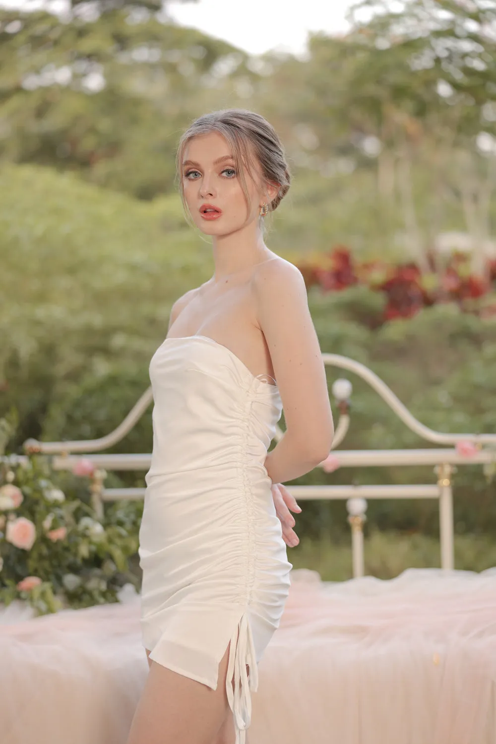 BLANCA Strapless Ruched Side Mini Silk Dress (Ivory White Silk Crepe)
