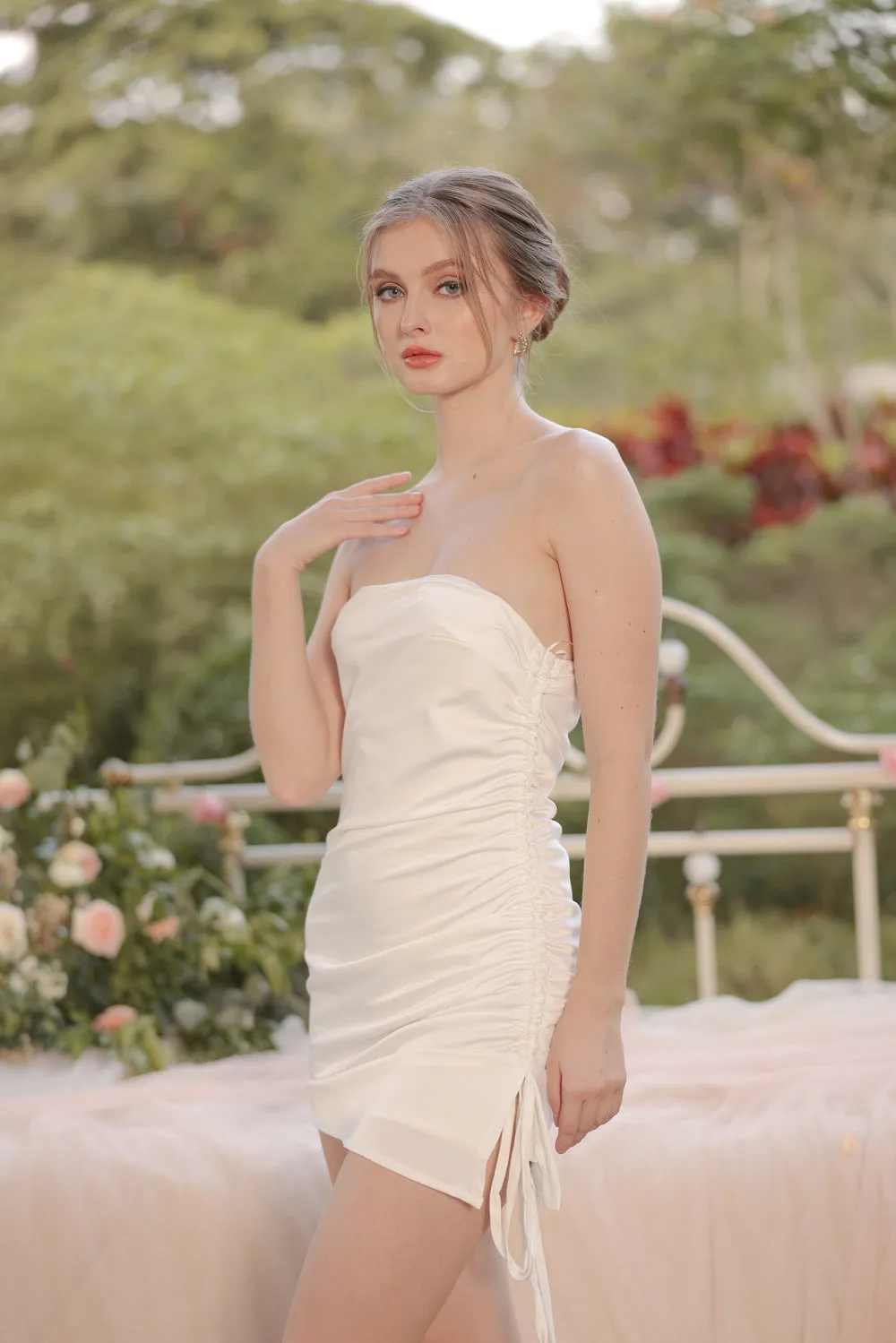 BLANCA Strapless Ruched Side Mini Silk Dress (Ivory White Silk Crepe)