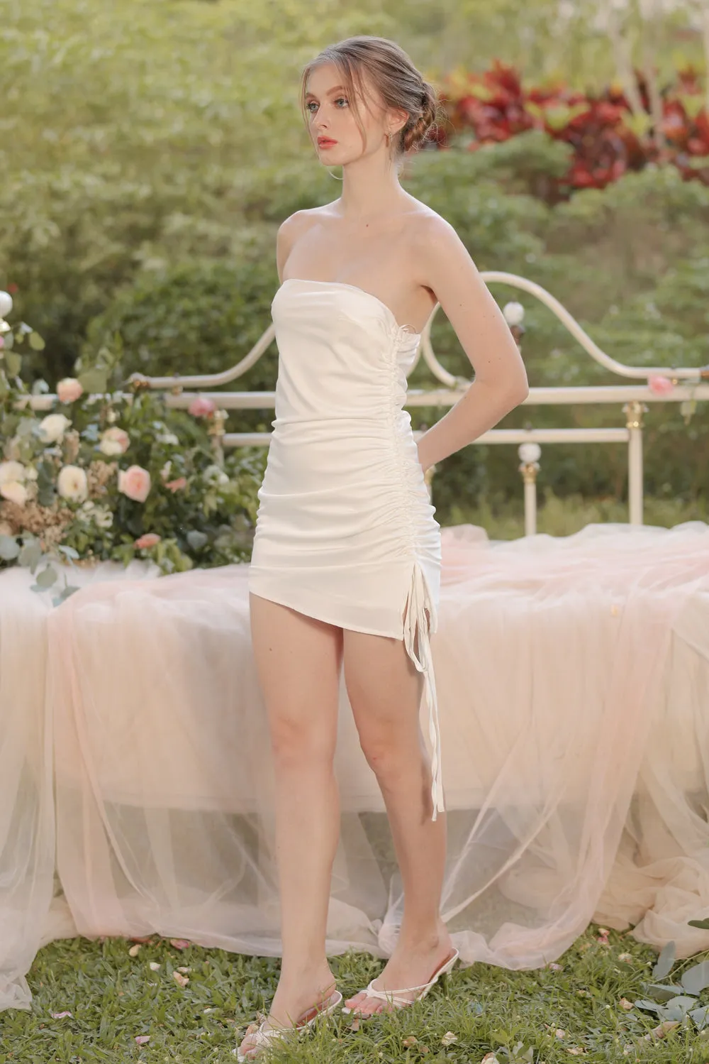 BLANCA Strapless Ruched Side Mini Silk Dress (Ivory White Silk Crepe)