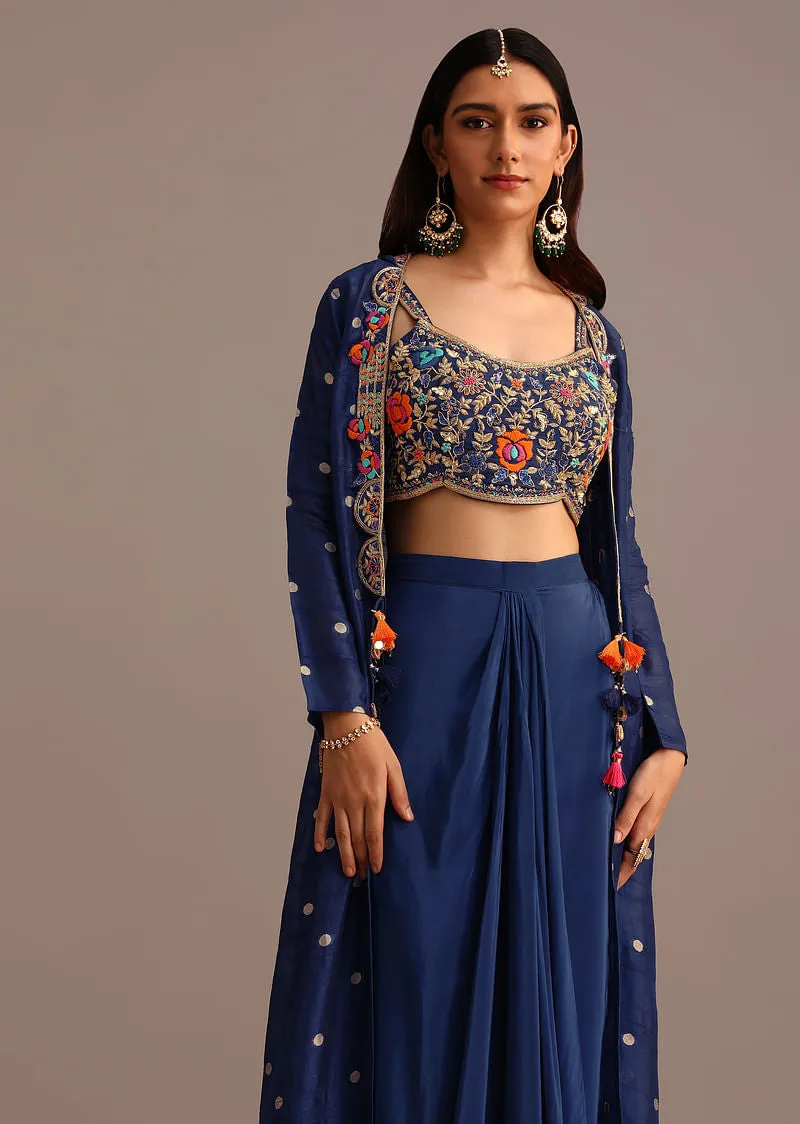 Blue Embroidered Croptop With Drape Skirt And Tussar Jacket