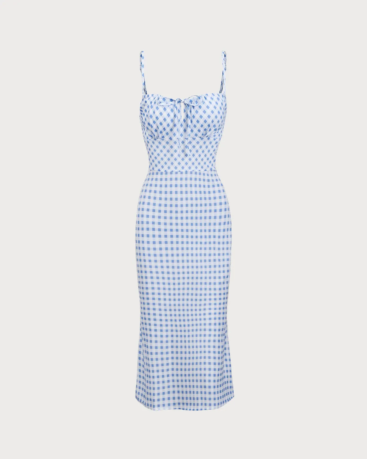 Blue Plaid Ruched Slip Midi Dress