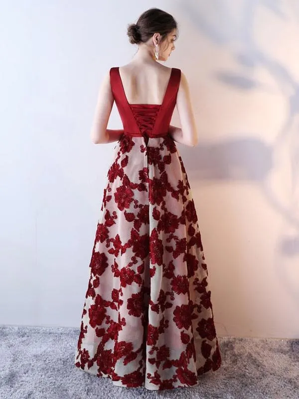 Blue Prom Dress 2021 Long Satin Floral Print Evening Dress Dark Navy V Neck Backless Floor Length Formal Dress