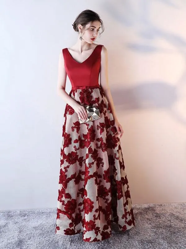 Blue Prom Dress 2021 Long Satin Floral Print Evening Dress Dark Navy V Neck Backless Floor Length Formal Dress