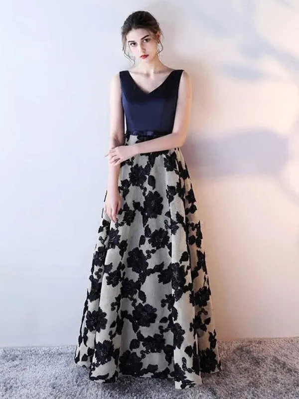 Blue Prom Dress 2021 Long Satin Floral Print Evening Dress Dark Navy V Neck Backless Floor Length Formal Dress