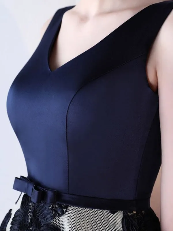 Blue Prom Dress 2021 Long Satin Floral Print Evening Dress Dark Navy V Neck Backless Floor Length Formal Dress