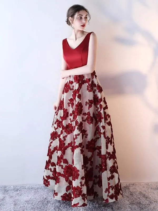 Blue Prom Dress 2021 Long Satin Floral Print Evening Dress Dark Navy V Neck Backless Floor Length Formal Dress