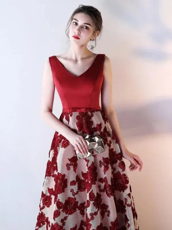 Blue Prom Dress 2021 Long Satin Floral Print Evening Dress Dark Navy V Neck Backless Floor Length Formal Dress