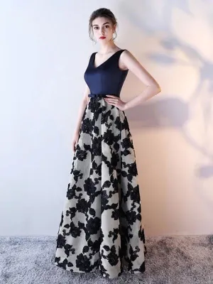 Blue Prom Dress 2021 Long Satin Floral Print Evening Dress Dark Navy V Neck Backless Floor Length Formal Dress